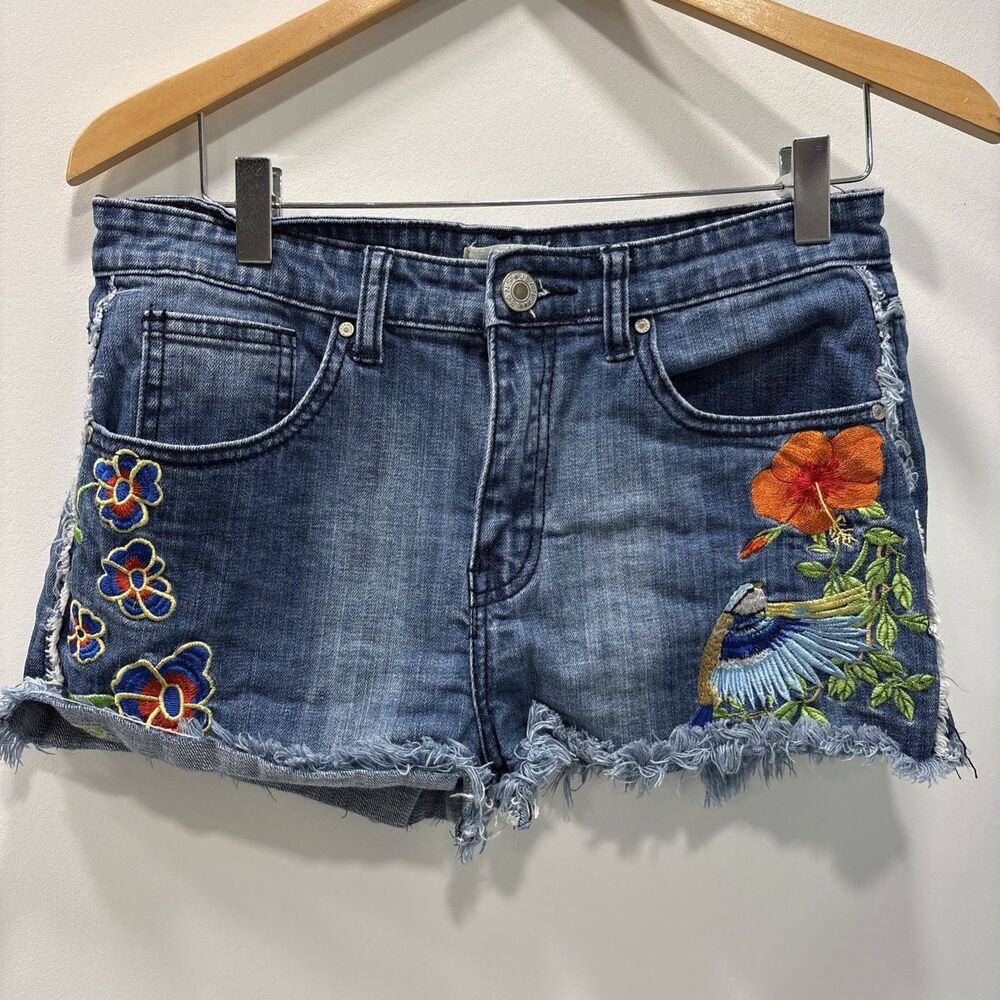 Velzera Festive Embroidered Boho Shorts Jean  Womens Medium Bird Vacation Shorts